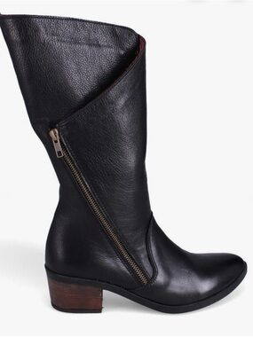 Bueno Black Leather Mid-Calf Zip Heeled Boots